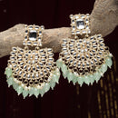 Gold-Plated Sea Green & White Kundan studded Crescent Shaped Drop Earrings