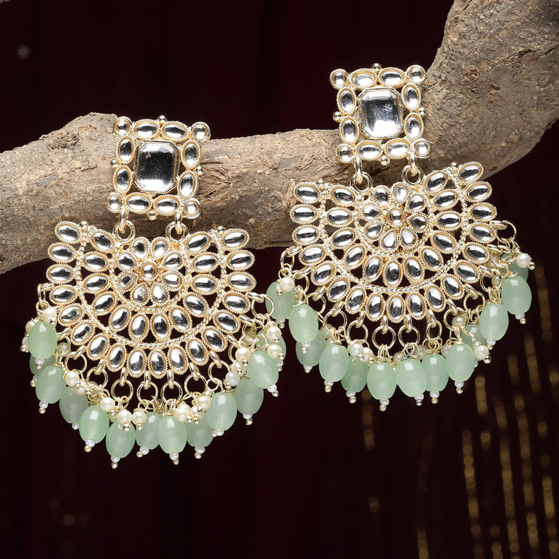 Gold-Plated Sea Green & White Kundan studded Crescent Shaped Drop Earrings
