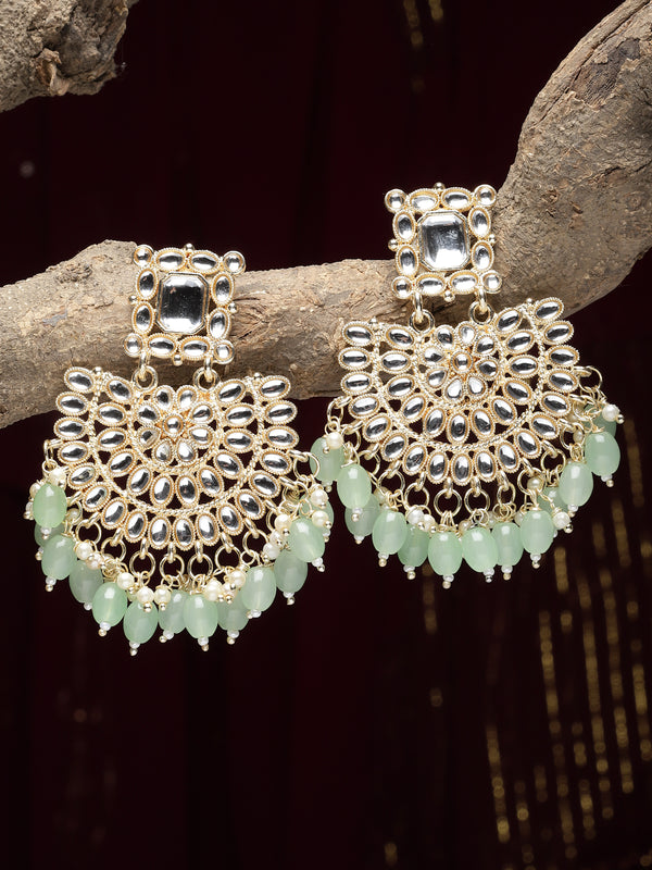 Gold-Plated Sea Green & White Kundan studded Crescent Shaped Drop Earrings