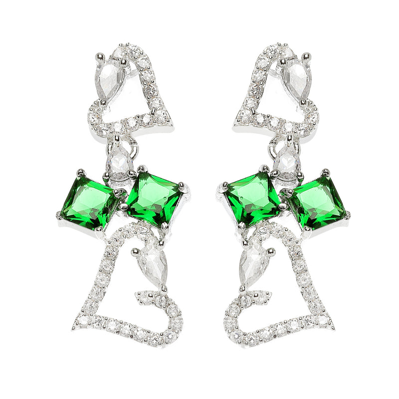 Rhodium-Plated Green American Diamonds Studded Cordate Necklace & Earrings Jewellery Set