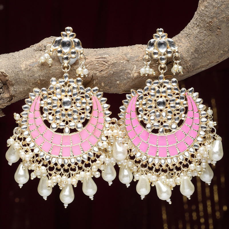 Gold-Plated Kundan studded Pink & Off-White Crescent Shaped Chandbali Earrings