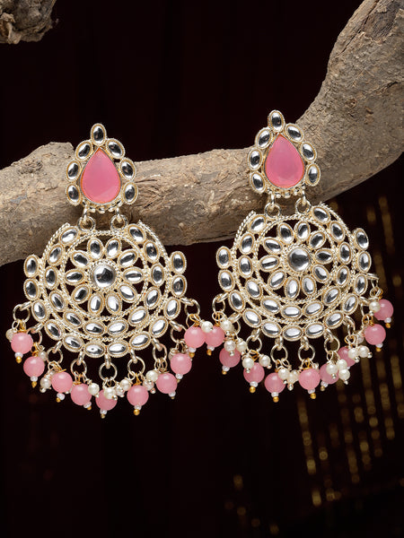 Gold-Plated Pink & White Kundan studded Contemporary Drop Earrings