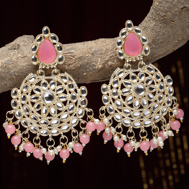 Gold-Plated Pink & White Kundan studded Contemporary Drop Earrings