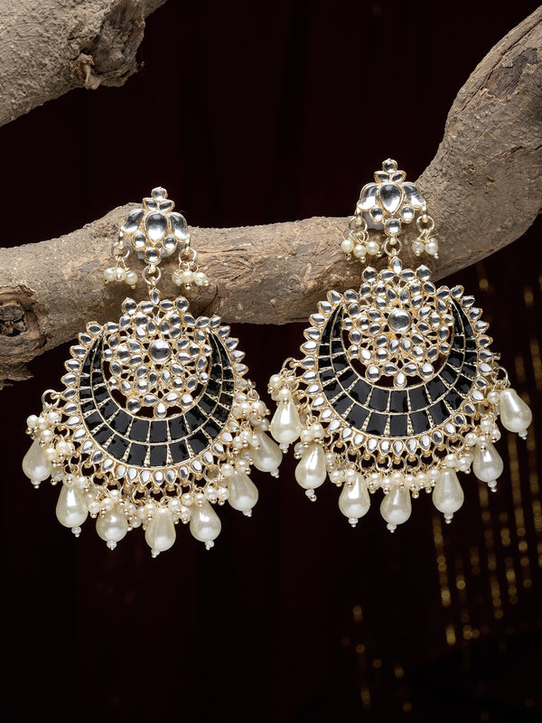 Gold-Plated Kundan studded Black & Off-White Crescent Shaped Chandbali Earrings