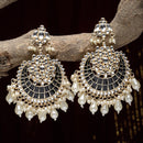 Gold-Plated Kundan studded Black & Off-White Crescent Shaped Chandbali Earrings