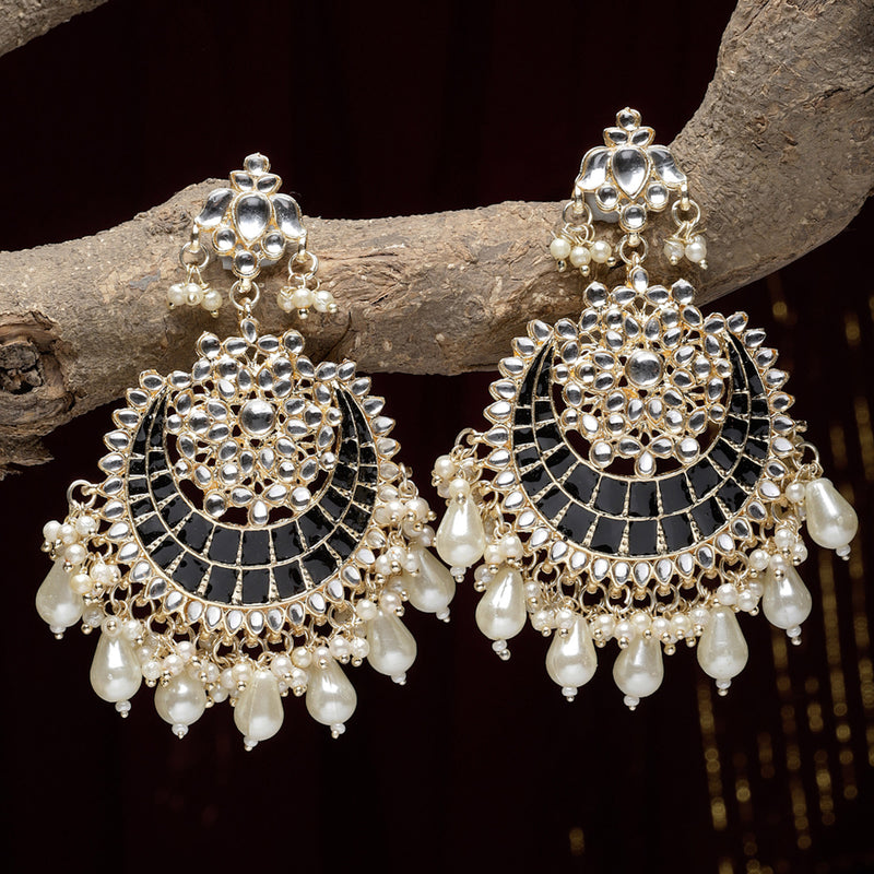 Gold-Plated Kundan studded Black & Off-White Crescent Shaped Chandbali Earrings