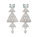 Rhodium-Plated Sea Green American Diamond Studded Triangular Design Necklace & Earrings Jewellery Set