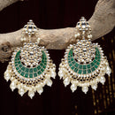 Gold-Plated Kundan studded Green & Off-White Crescent Shaped Chandbali Earrings
