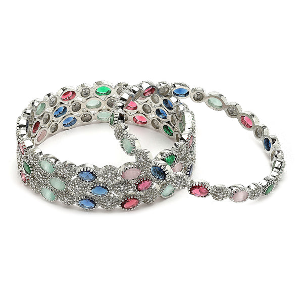 Rhodium-Plated Multi-Colour Oval Shape American Diamond Studded Handcrafted Bangles Set of 4