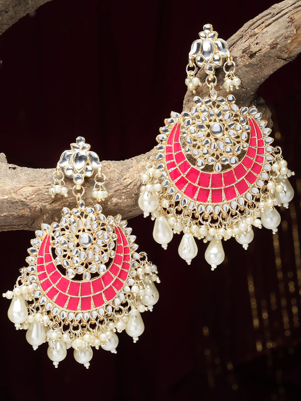 Gold-Plated Kundan studded Red & Off-White Crescent Shaped Chandbali Earrings
