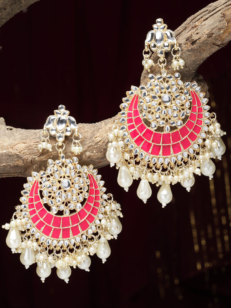 Gold-Plated Kundan studded Red & Off-White Crescent Shaped Chandbali Earrings