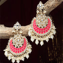 Gold-Plated Kundan studded Red & Off-White Crescent Shaped Chandbali Earrings