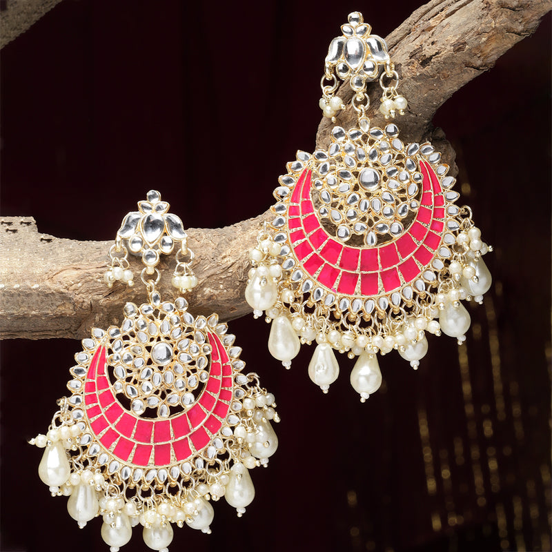 Gold-Plated Kundan studded Red & Off-White Crescent Shaped Chandbali Earrings