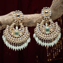 Gold-Plated Sea Green & White Kundan studded Crescent Shaped Chandbali Earrings