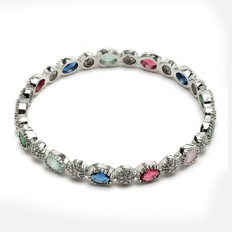 Rhodium-Plated Multi-Colour Oval Shape American Diamond Studded Handcrafted Bangles Set of 4