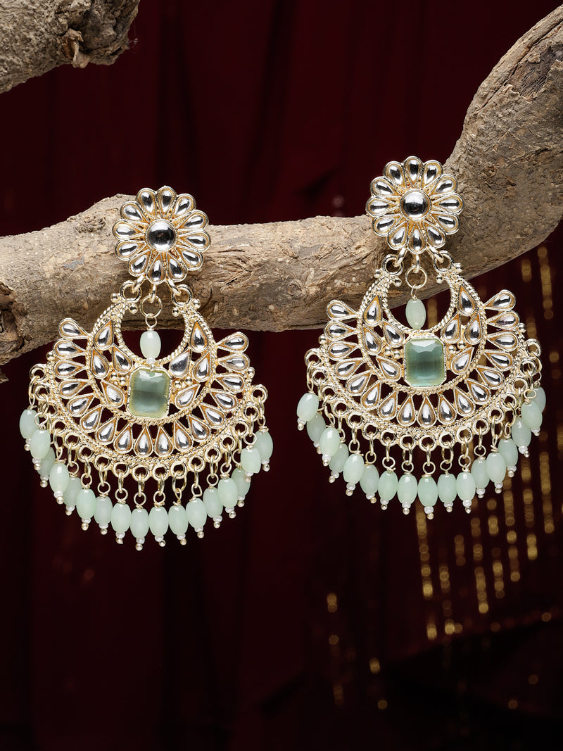 Gold-Plated Sea Green & White Kundan studded Crescent Shaped Chandbali Earrings