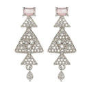 Rhodium-Plated Pink American Diamond Studded Triangular Design Necklace & Earrings Jewellery Set