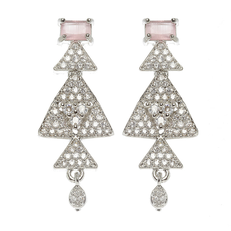 Rhodium-Plated Pink American Diamond Studded Triangular Design Necklace & Earrings Jewellery Set