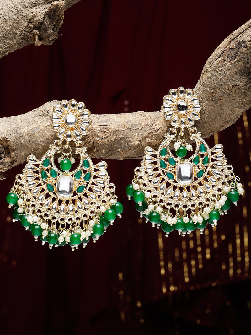 Gold-Plated Green & White Kundan studded Crescent Shaped Chandbali Earrings