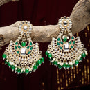 Gold-Plated Green & White Kundan studded Crescent Shaped Chandbali Earrings