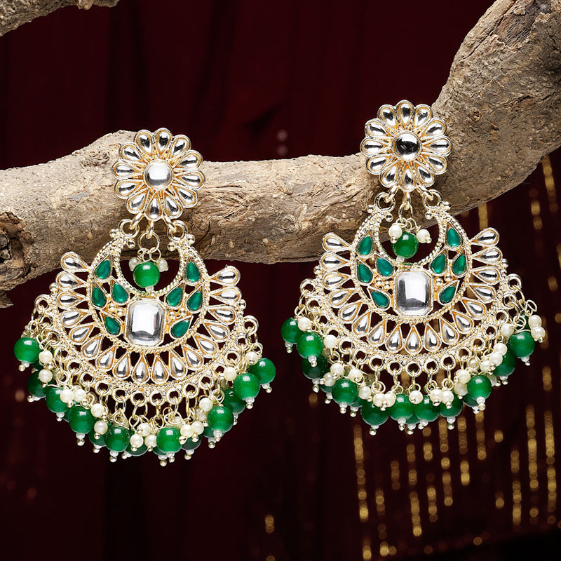 Gold-Plated Green & White Kundan studded Crescent Shaped Chandbali Earrings