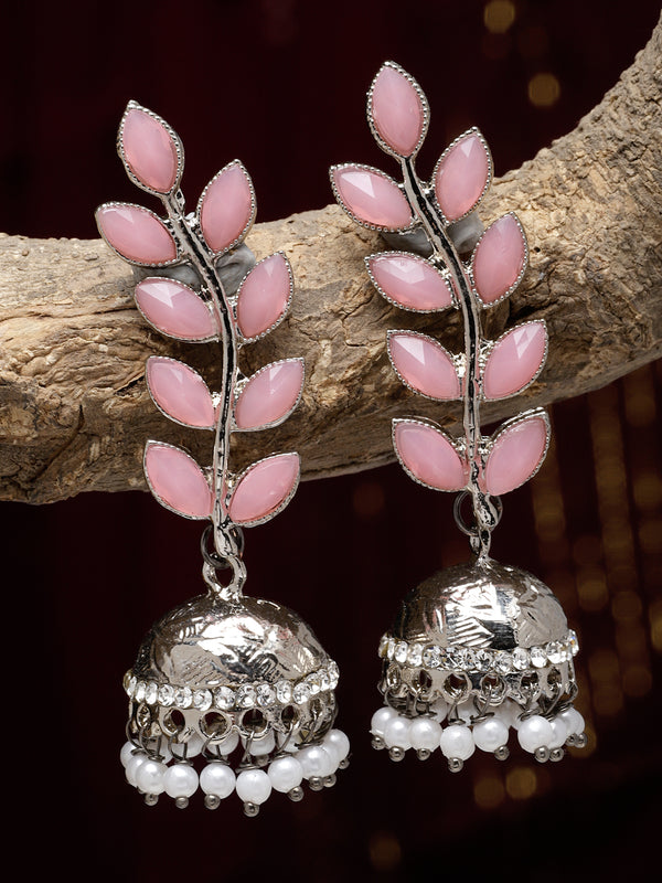 Silver-Plated Metallic Toned Pink & White Kundan studded Dome Shaped Meenakari Jhumka Earrings