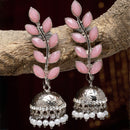 Silver-Plated Metallic Toned Pink & White Kundan studded Dome Shaped Meenakari Jhumka Earrings