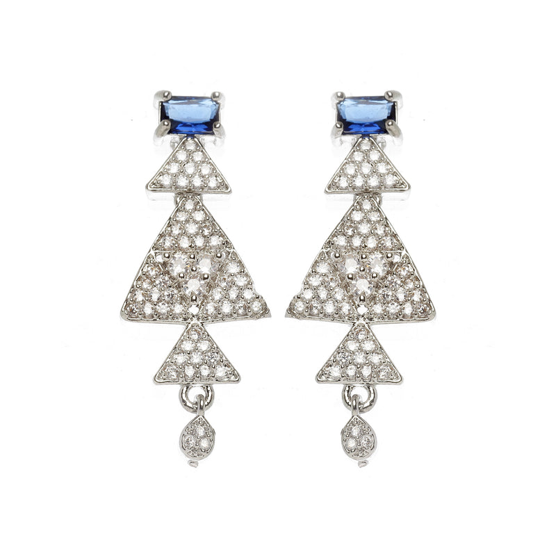 Rhodium-Plated Navy Blue American Diamond Studded Triangular Design Necklace & Earrings Jewellery Set