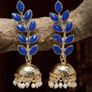 Gold-Plated Blue & White Kundan studded Dome Shaped Meenakari Jhumka Earrings