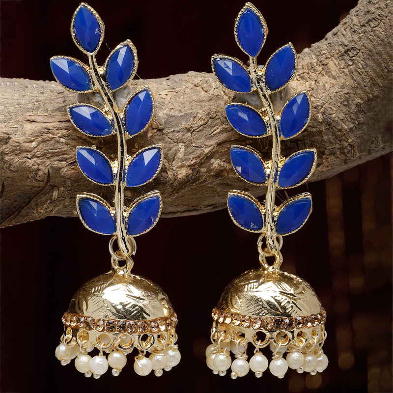 Gold-Plated Blue & White Kundan studded Dome Shaped Meenakari Jhumka Earrings