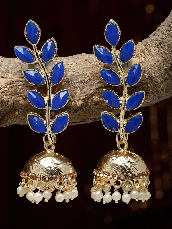 Gold-Plated Blue & White Kundan studded Dome Shaped Meenakari Jhumka Earrings
