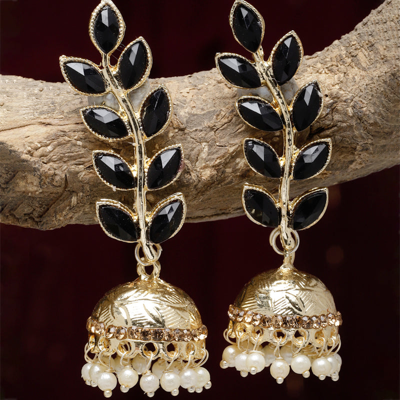 Gold-Plated Black & White Kundan studded Dome Shaped Meenakari Jhumka Earrings