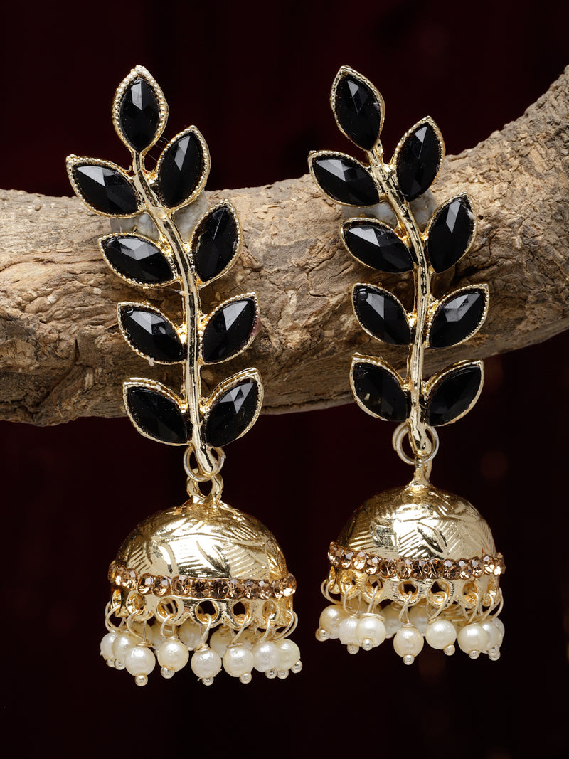 Gold-Plated Black & White Kundan studded Dome Shaped Meenakari Jhumka Earrings