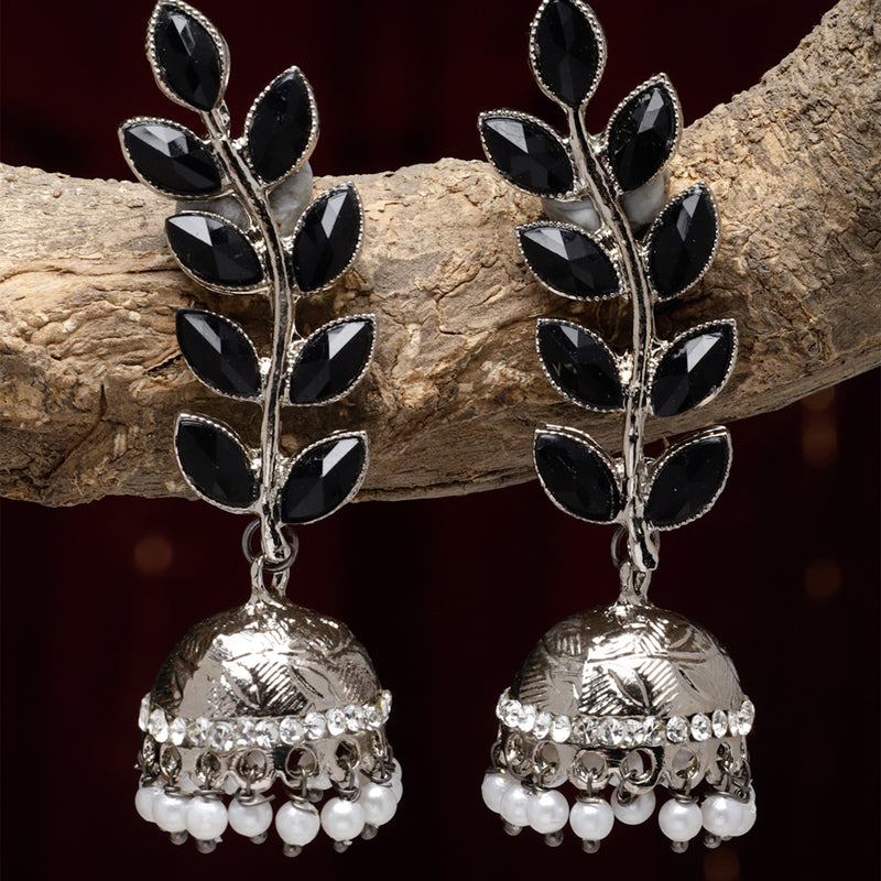 Silver-Plated Metallic Toned Black & White Kundan studded Dome Shaped Meenakari Jhumka Earrings
