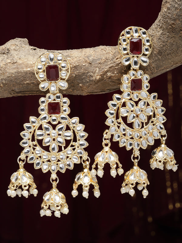 Gold-Plated Red & White Kundan studded Contemporary Jhumka Earrings