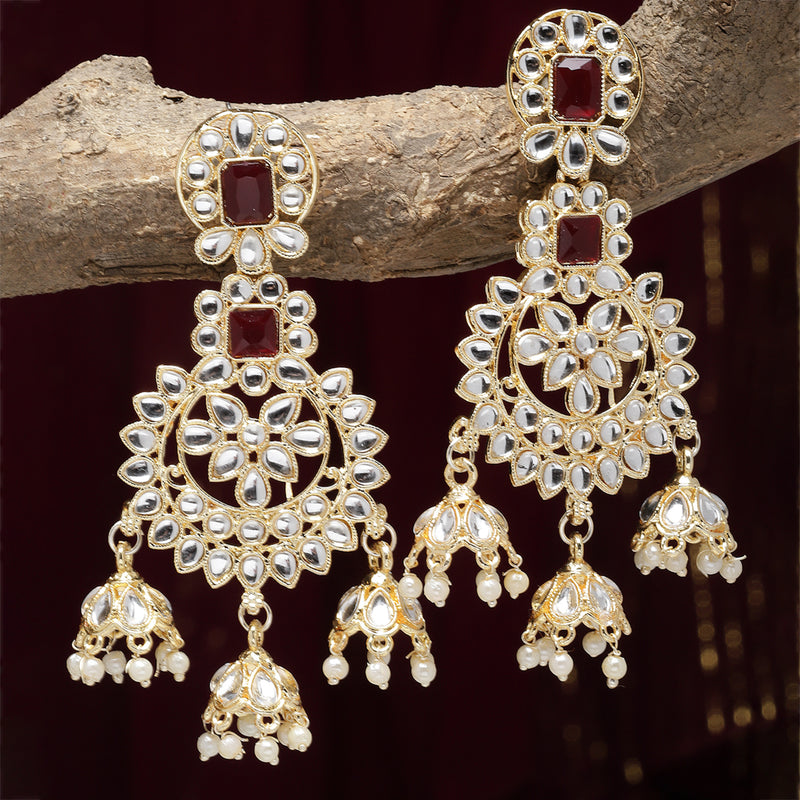 Gold-Plated Red & White Kundan studded Contemporary Jhumka Earrings