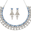 Rhodium-Plated Navy Blue American Diamond Studded Triangular Design Necklace & Earrings Jewellery Set