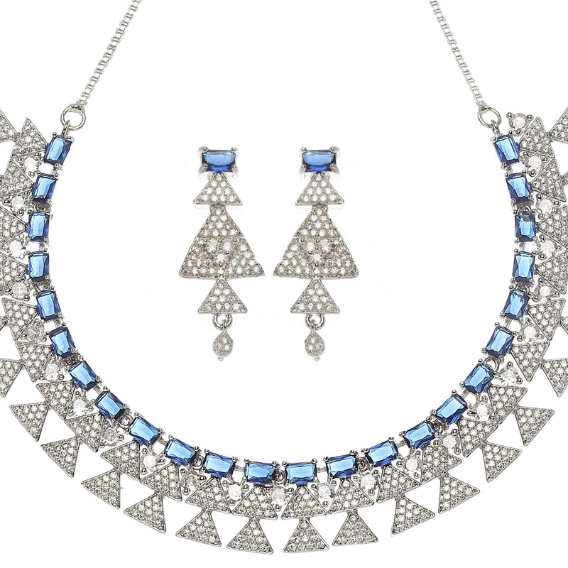 Rhodium-Plated Navy Blue American Diamond Studded Triangular Design Necklace & Earrings Jewellery Set