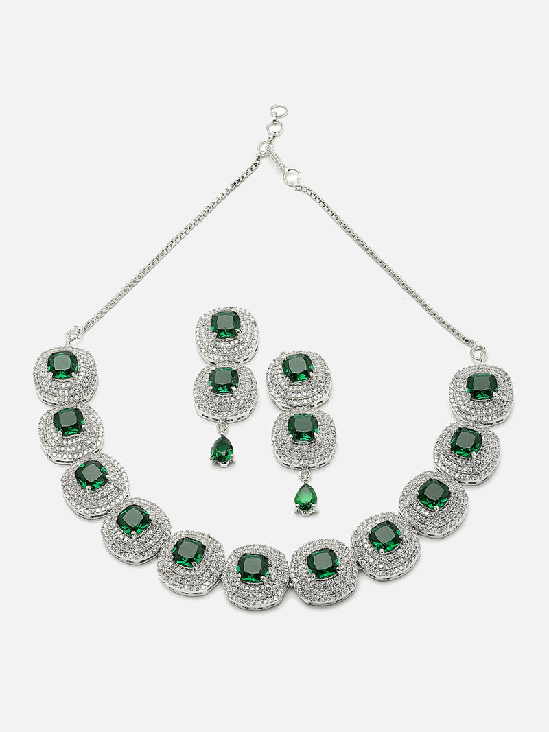 Rhodium-Plated Green Cubic Zirconia Studded Necklace with Earrings Jewellery Set