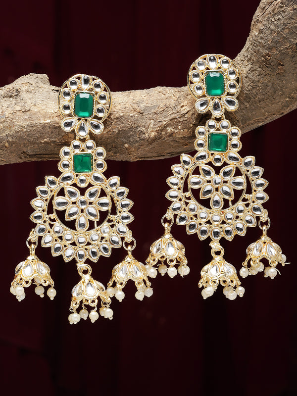 Gold-Plated Green & White Kundan studded Contemporary Jhumka Earrings