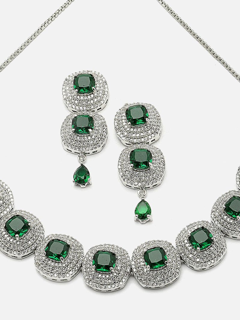 Rhodium-Plated Green Cubic Zirconia Studded Necklace with Earrings Jewellery Set