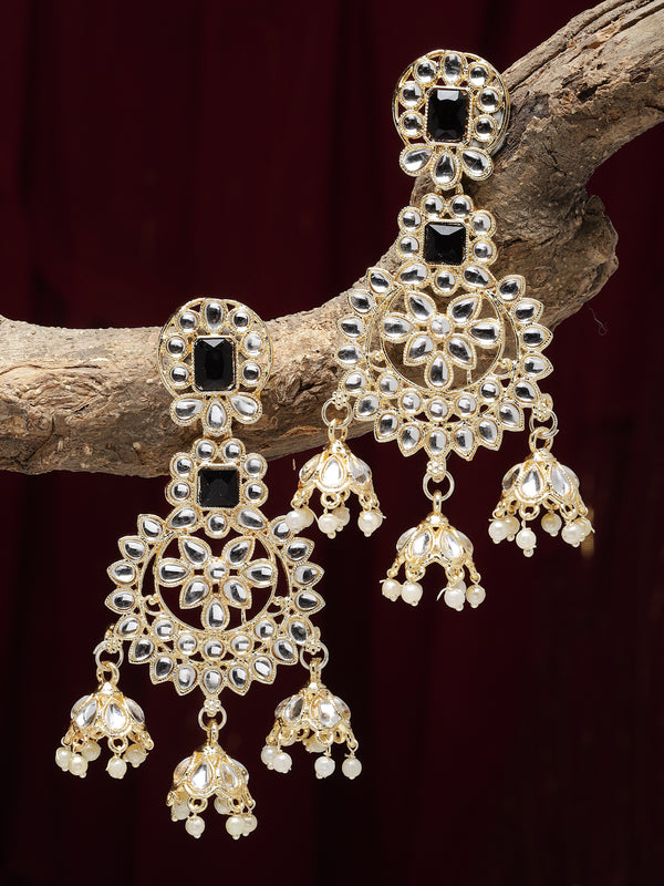 Gold-Plated Black & White Kundan studded Contemporary Jhumka Earrings