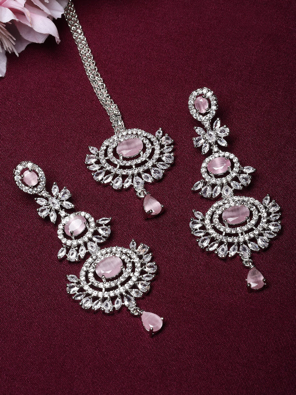 Rhodium-Plated Silver Toned Pink & White American Diamond studded Maang Tikka with Dangle Drop Earrings