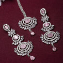 Rhodium Plated Silver Toned Pink American Diamond Studded Maang Tikka  With Earring