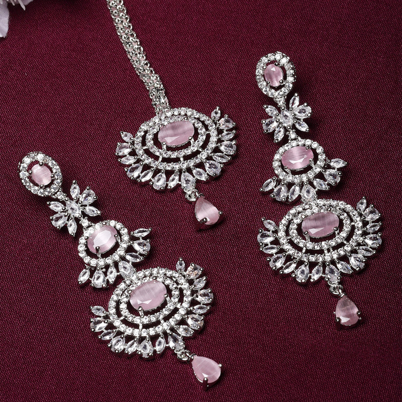 Rhodium Plated Silver Toned Pink American Diamond Studded Maang Tikka  With Earring