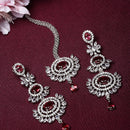 Rhodium Plated Silver Toned Red American Diamond Studded Maang Tikka  With Earring
