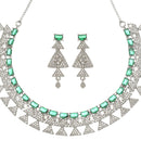 Rhodium-Plated Green American Diamond Studded Triangular Design Necklace & Earrings Jewellery Set