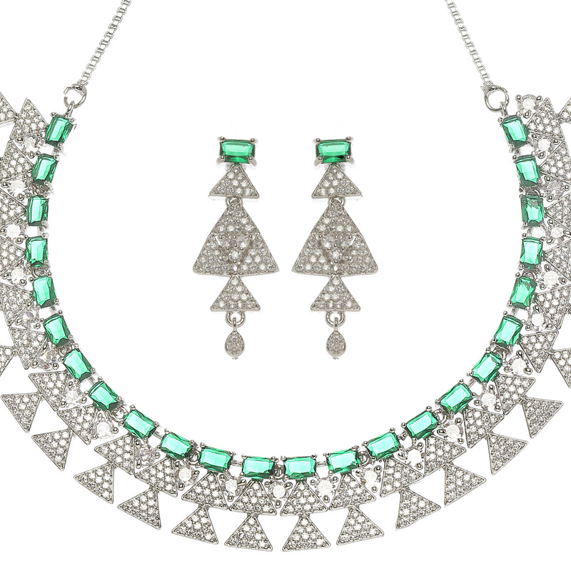 Rhodium-Plated Green American Diamond Studded Triangular Design Necklace & Earrings Jewellery Set