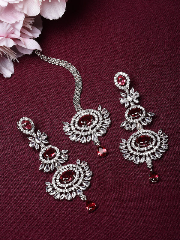 Rhodium-Plated Silver Toned Red & White American Diamond studded Maang Tikka with Dangle Drop Earrings