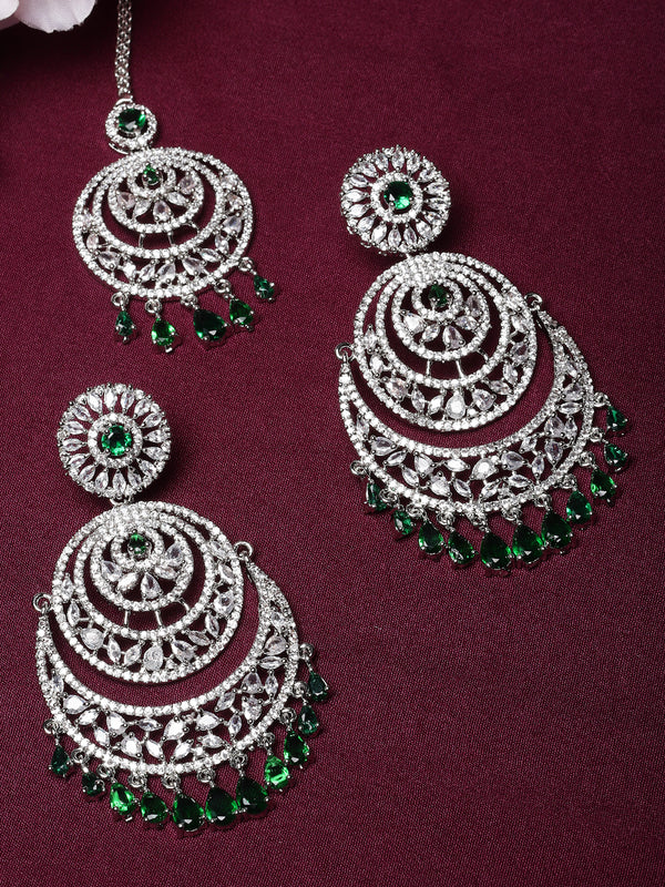 Rhodium-Plated Silver Toned Green & White American Diamond studded Crescent Maang Tikka with Dangle Drop Earrings